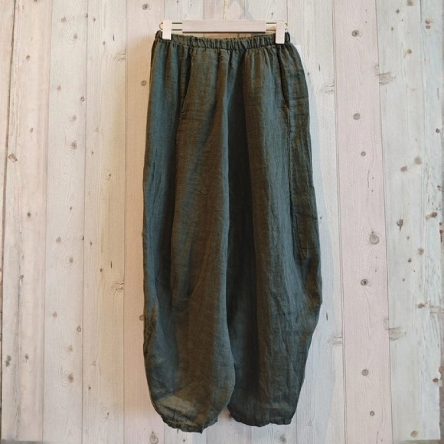 Linen Barrel Leg Trousers - Khaki Green