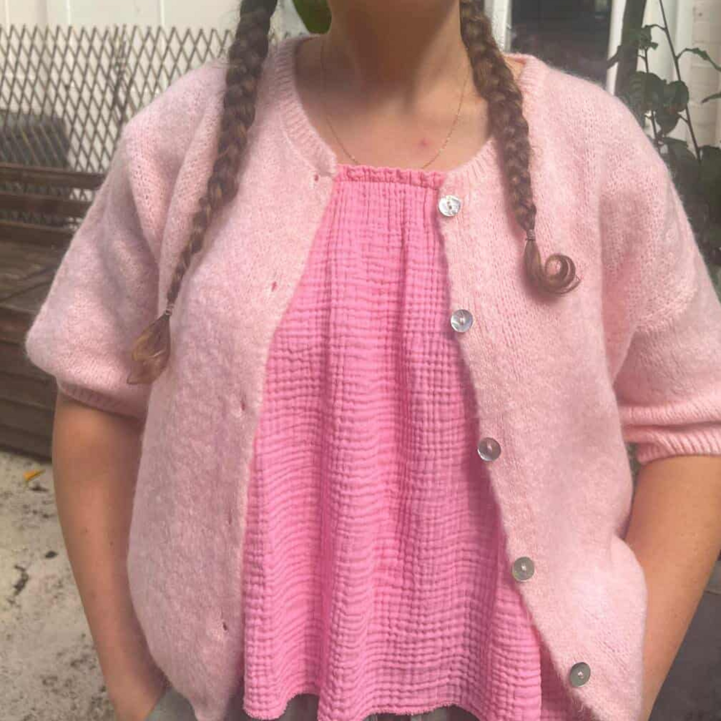 Mohair Blend Cropped Sleeve Cardigan - Soft Pink