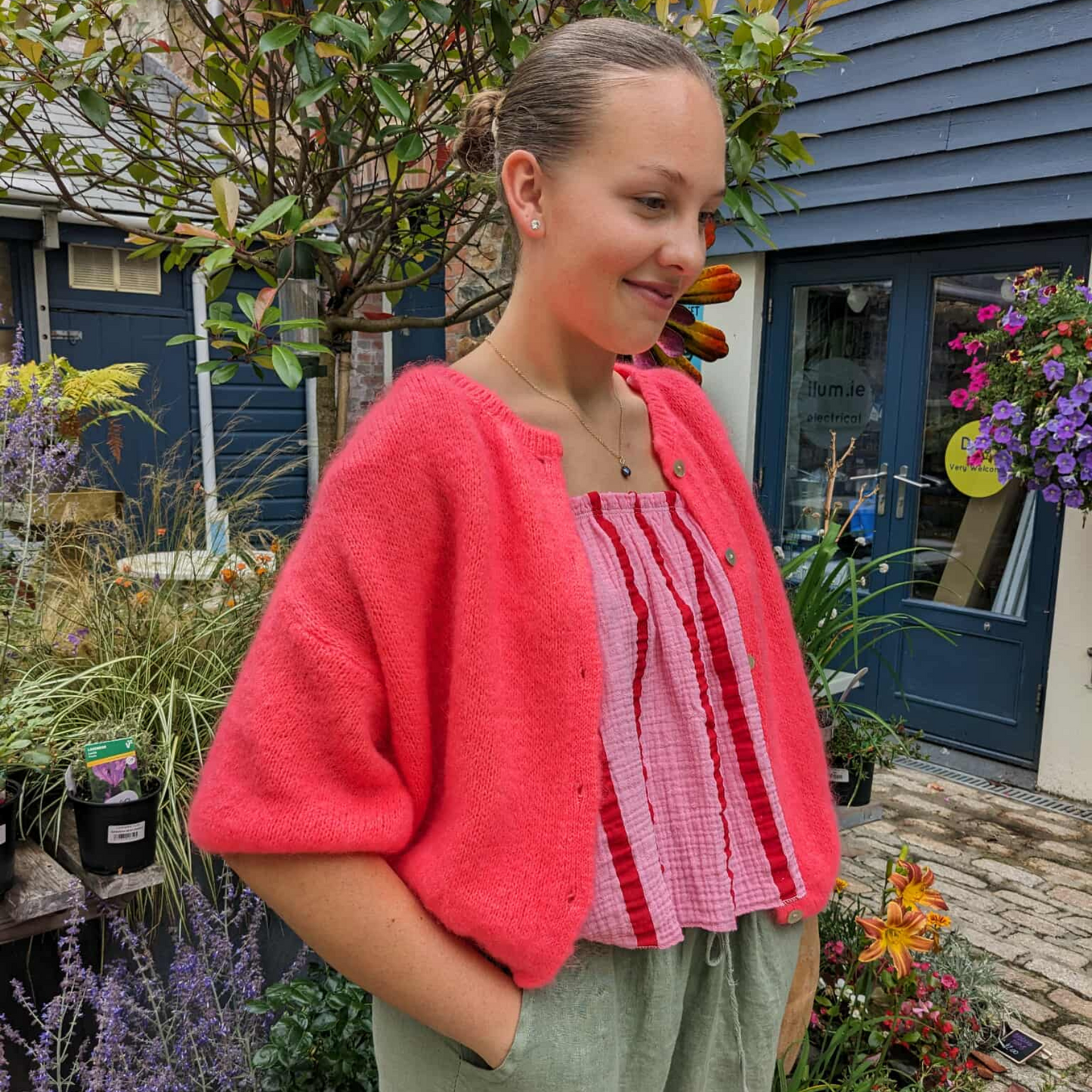 Mohair Blend Cropped Sleeve Cardigan - Neon Coral