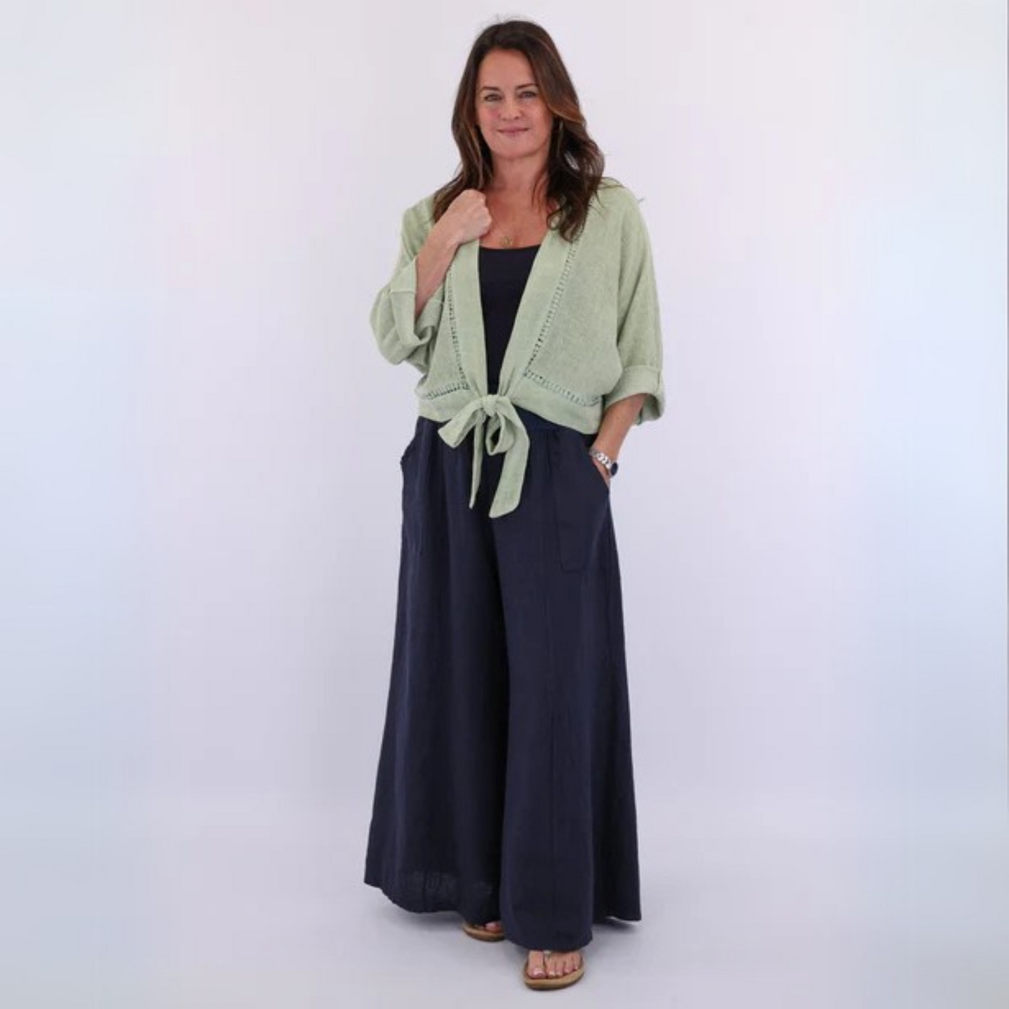 Cadenza Italy Linen and Cotton Blend Tie Front Jacket - Avocado