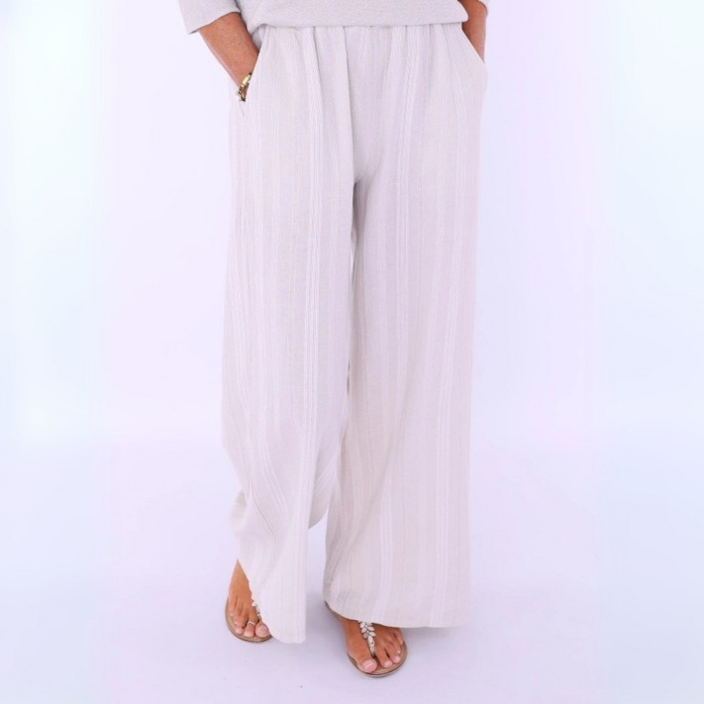 Cotton Stripe Straight Leg Trousers - Cream