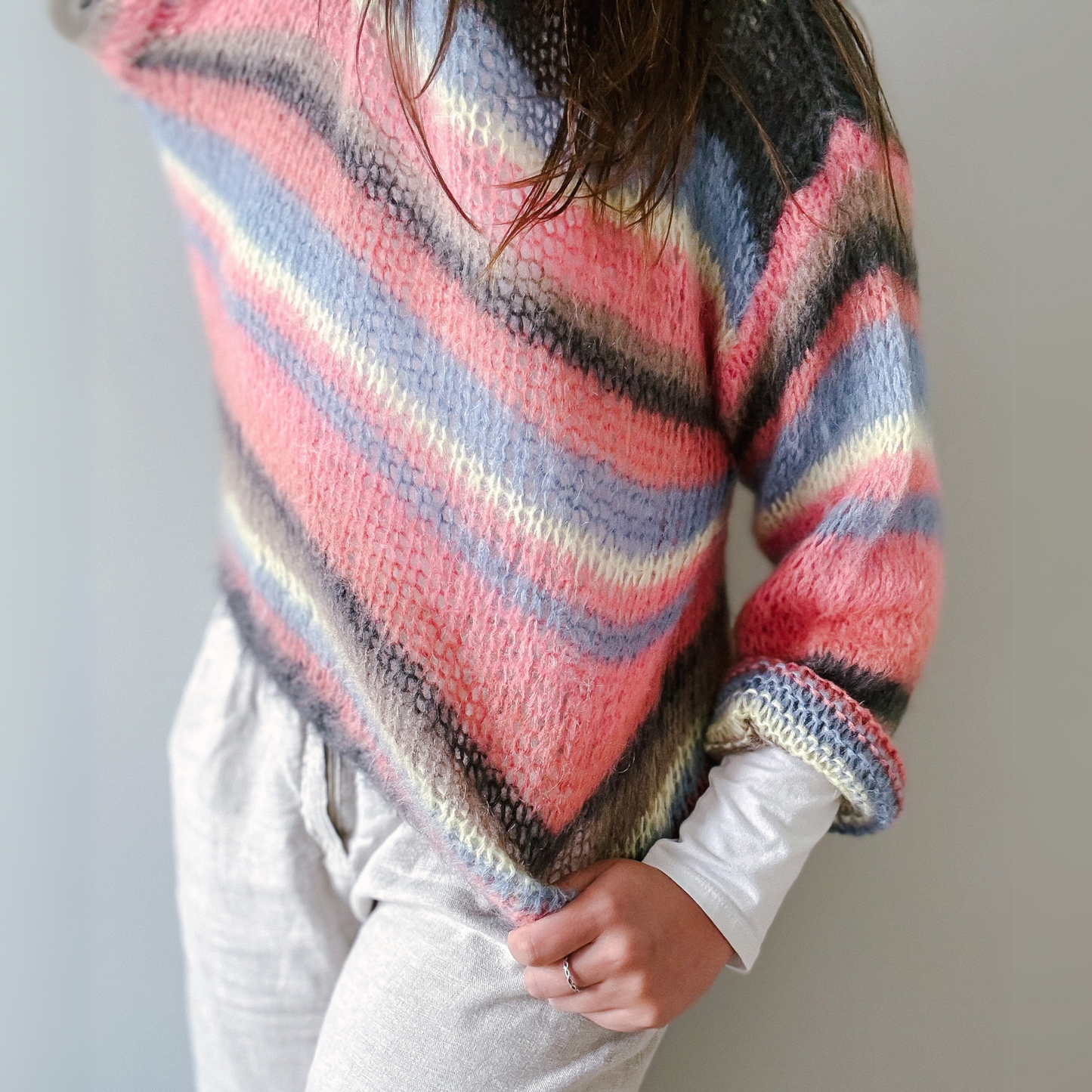 Black Colour DK Multi Striped Jumper - Coral Pink