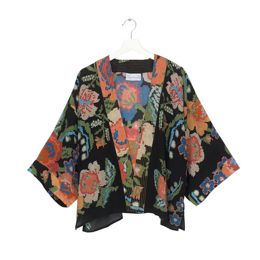 One Hundred Stars Crepe Kimono - Woven Flower Black