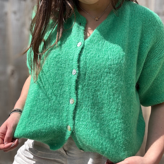 Mohair Blend Cropped Sleeve Cardigan - Emerald Green