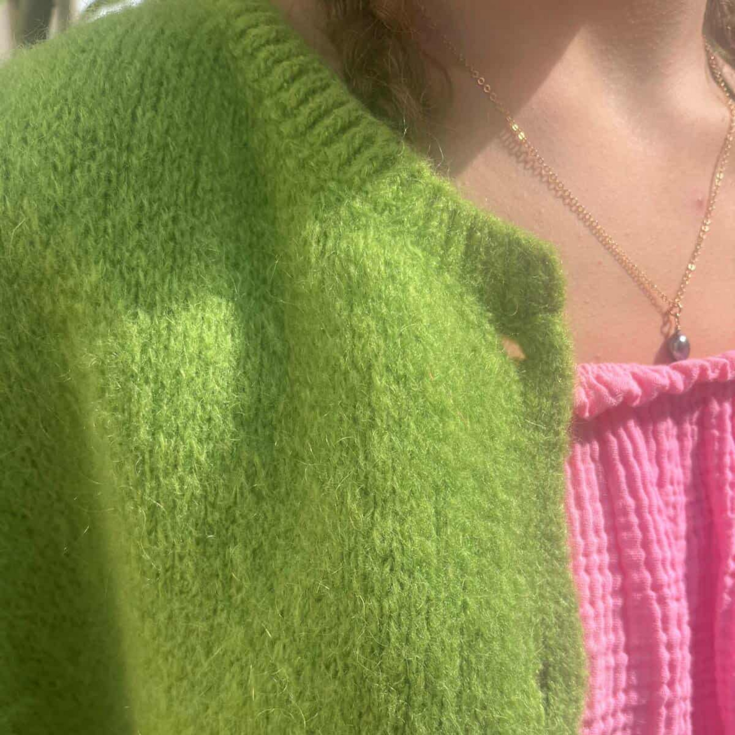 Mohair Blend Cropped Sleeve Cardigan - Apple