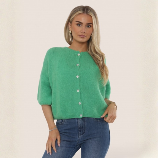 Mohair Blend Cropped Sleeve Cardigan - Emerald Green