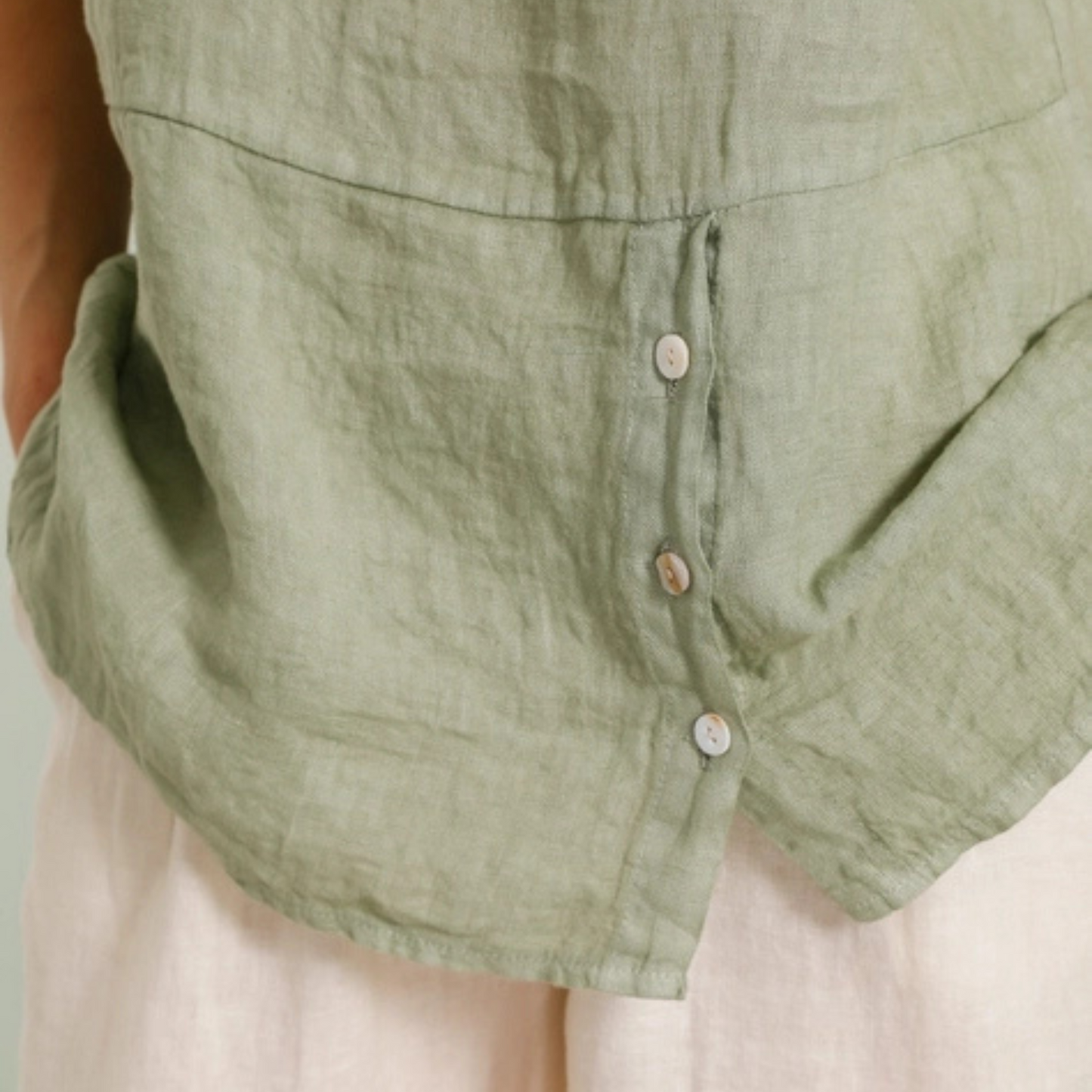 Linen Top with Button Detail - Almond Green
