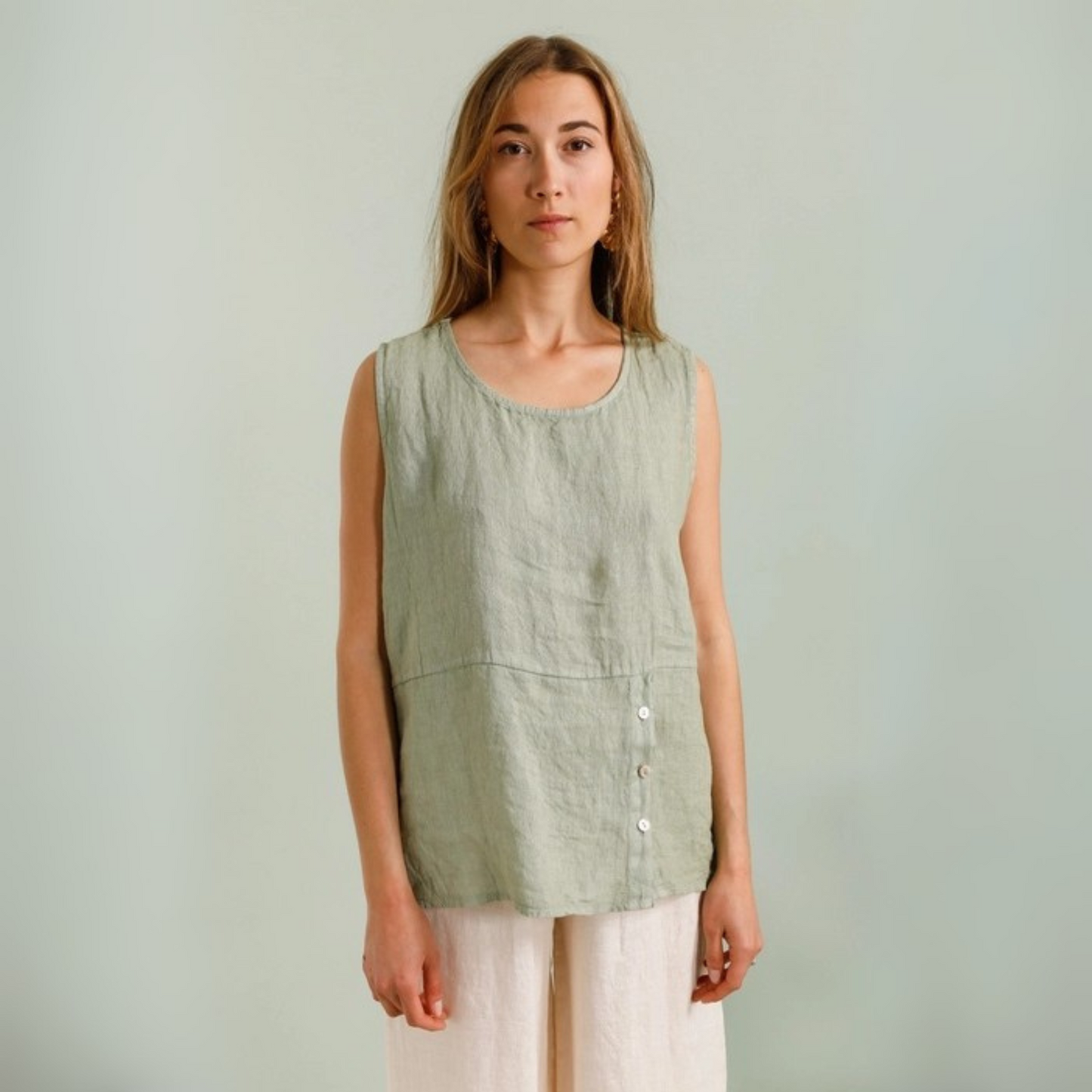 Linen Top with Button Detail - Almond Green