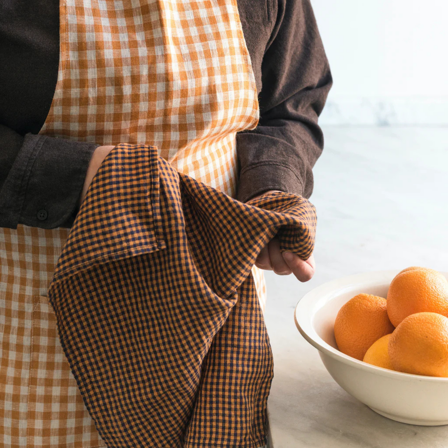 Fog Linen Minnie Kitchen Cloth - Orange and Navy Check