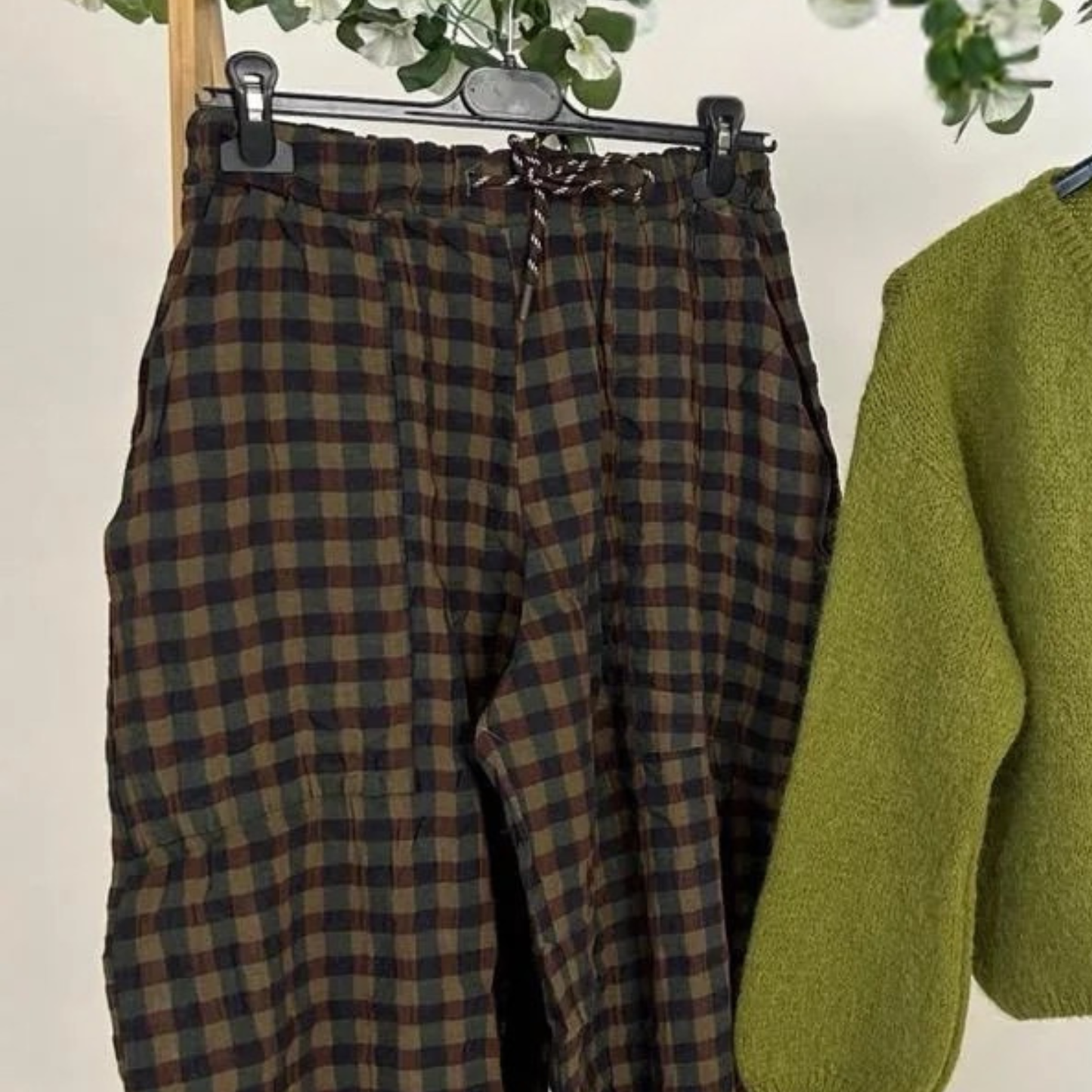 Gingham Checked Trousers - Olive Green