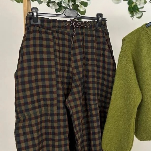Gingham Checked Trousers - Olive Green