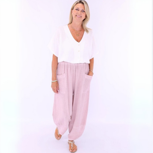 Linen and Cotton Blend Trousers - Pale Pink