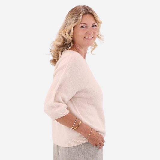 Alpaca Blend Short Sleeve V Neck Jumper - Cream