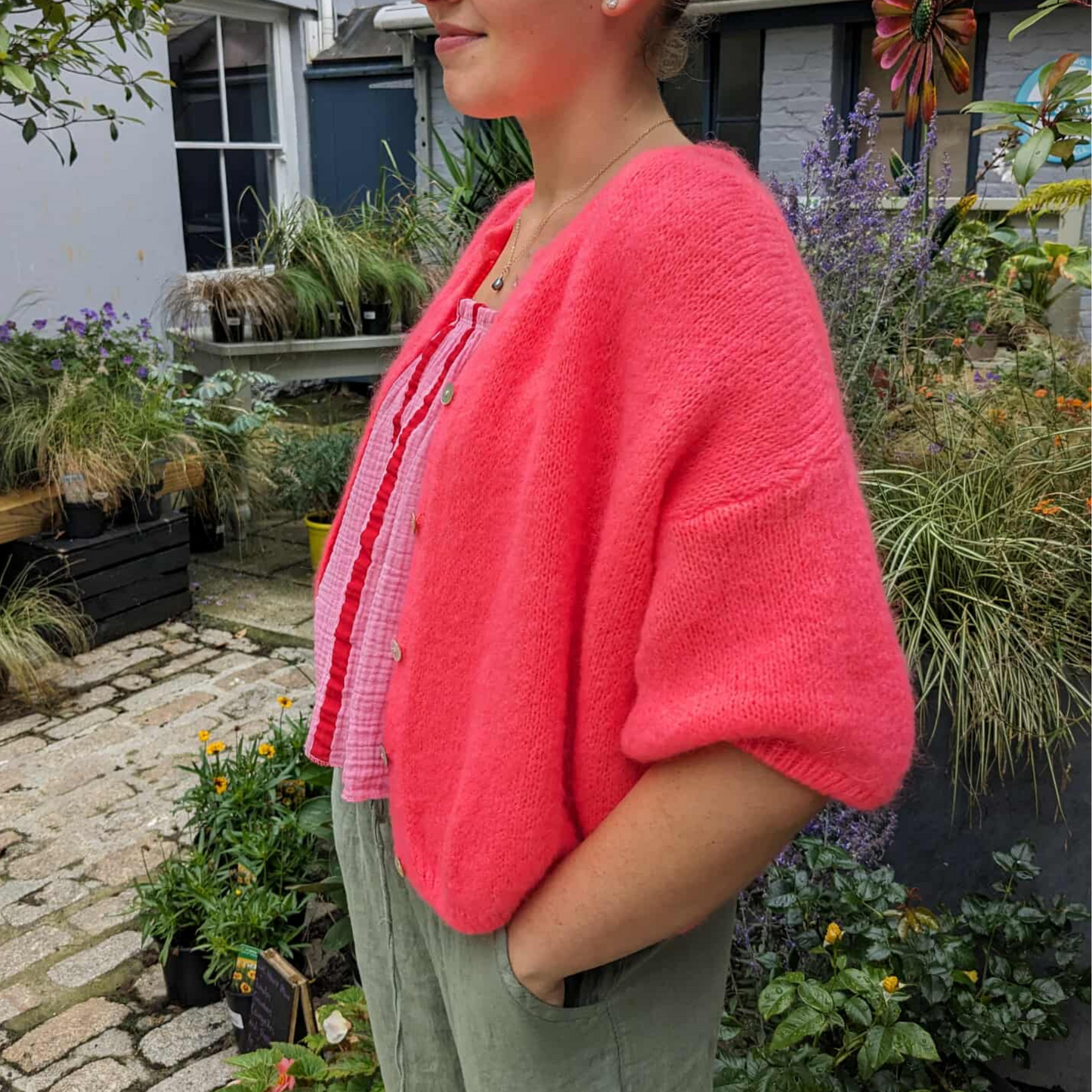 Mohair Blend Cropped Sleeve Cardigan - Neon Coral