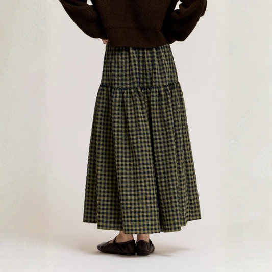 Button Down Gingham Check Skirt - Olive Green
