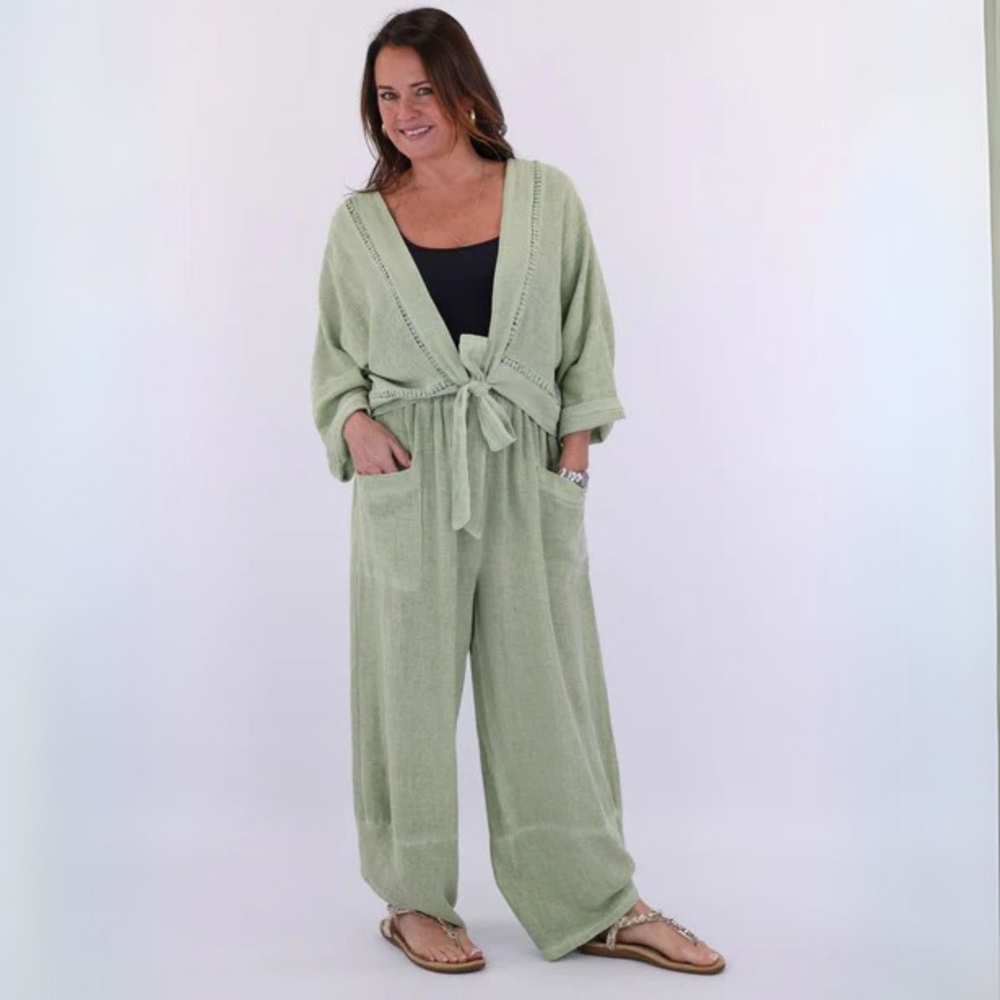 Cadenza Italy Linen and Cotton Blend Tie Front Jacket - Avocado