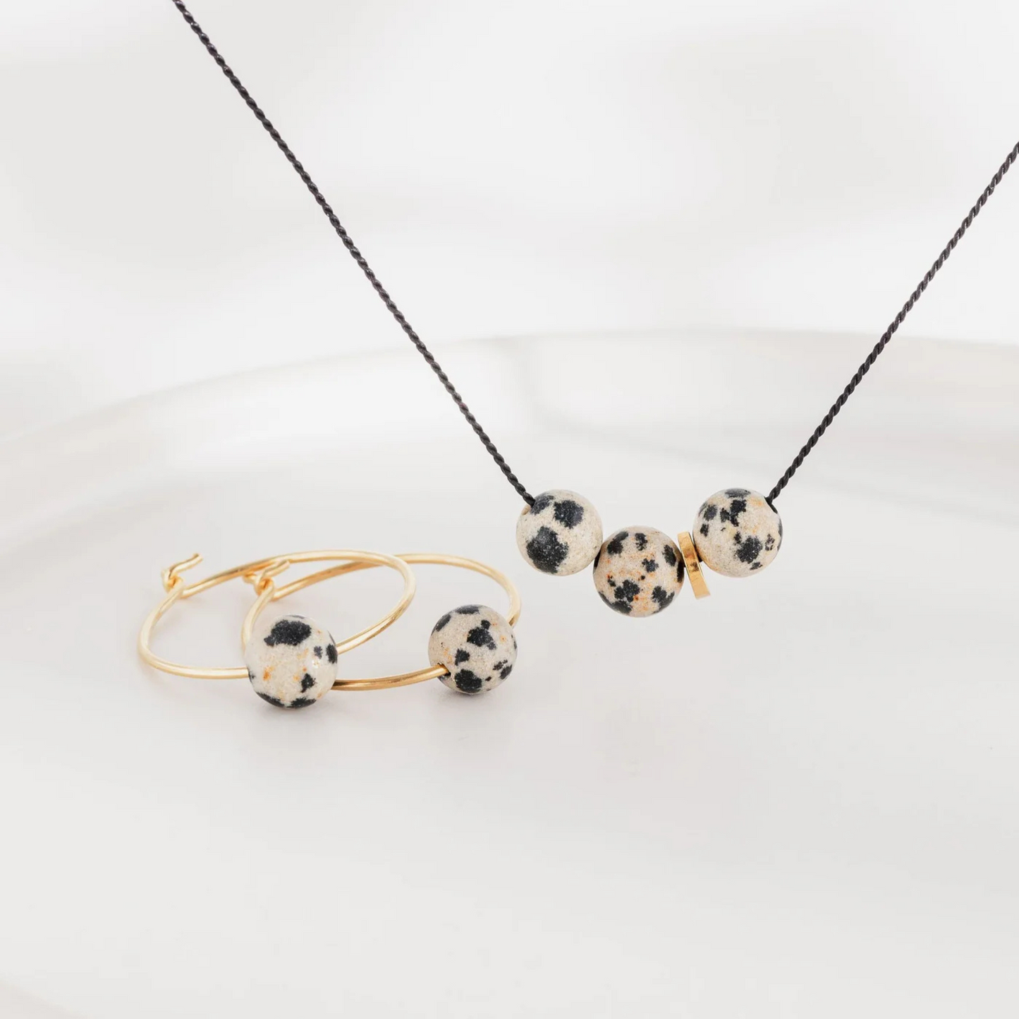 One & Eight Gold Hoop Earrings - Dalmation Jasper