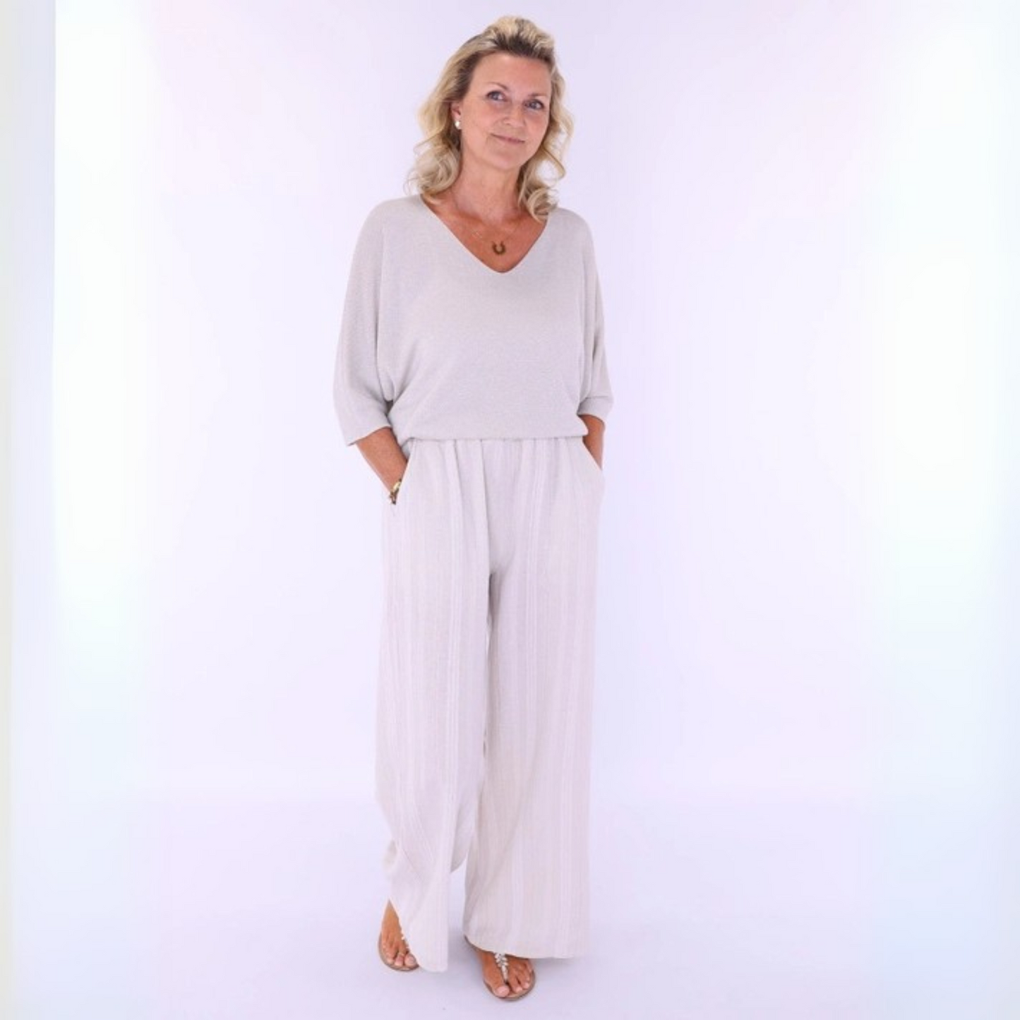 Cotton Stripe Straight Leg Trousers - Cream