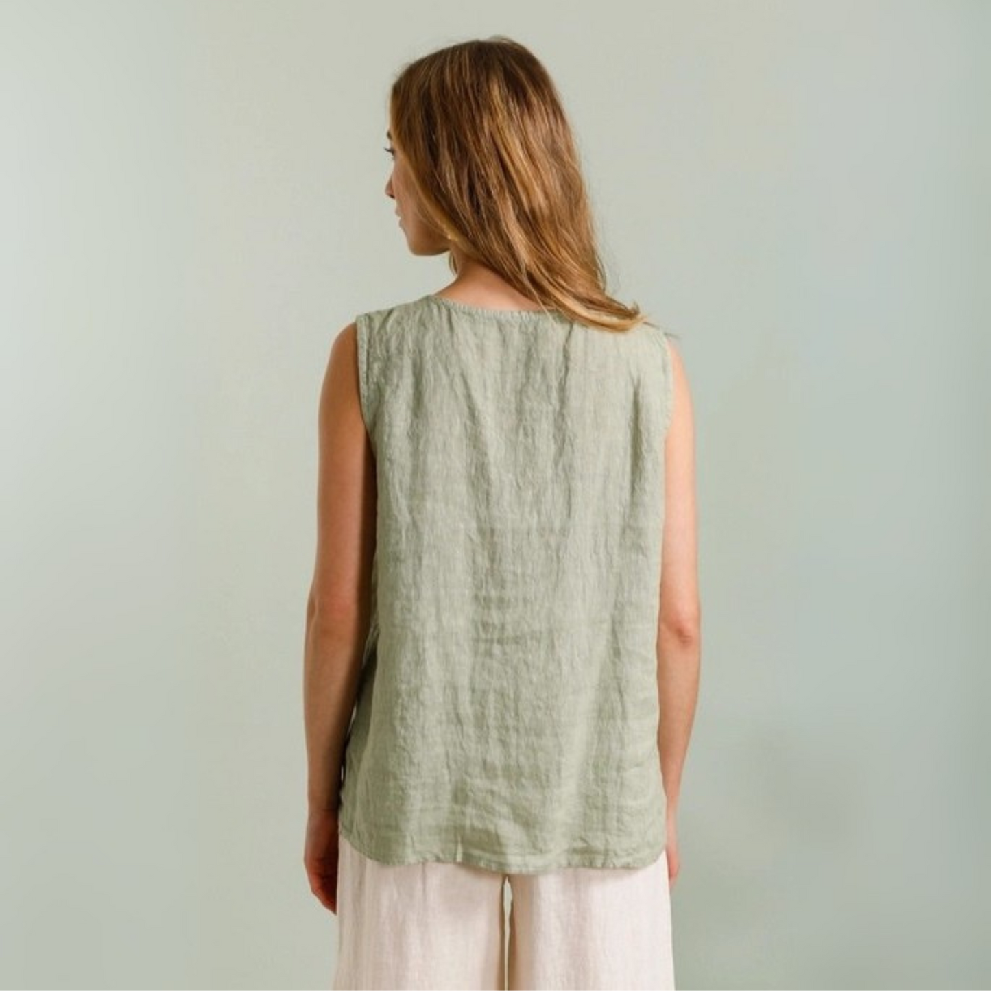 Linen Top with Button Detail - Almond Green