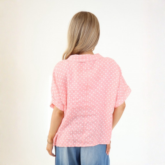 Polka Dot Linen Blouse - Pink & White
