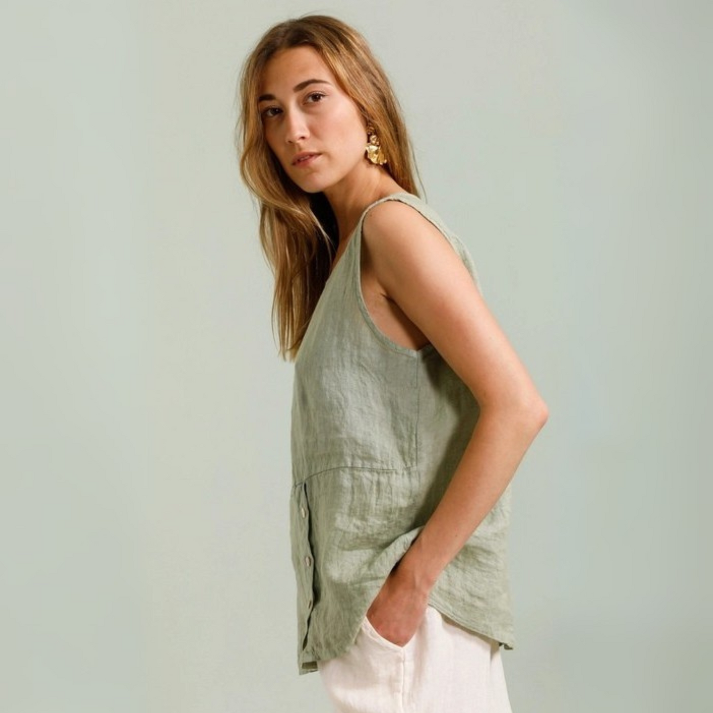 Linen Top with Button Detail - Almond Green