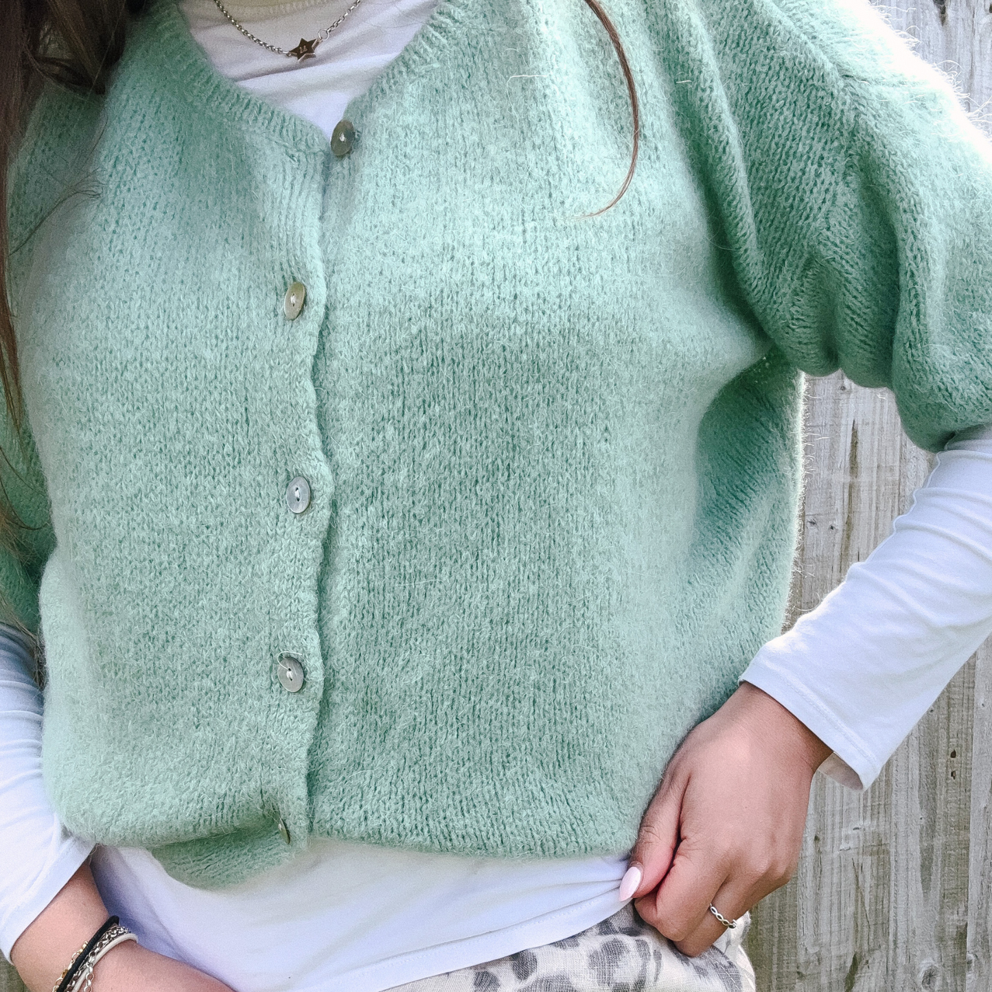 Mohair Blend Cropped Sleeve Cardigan - Sage Green