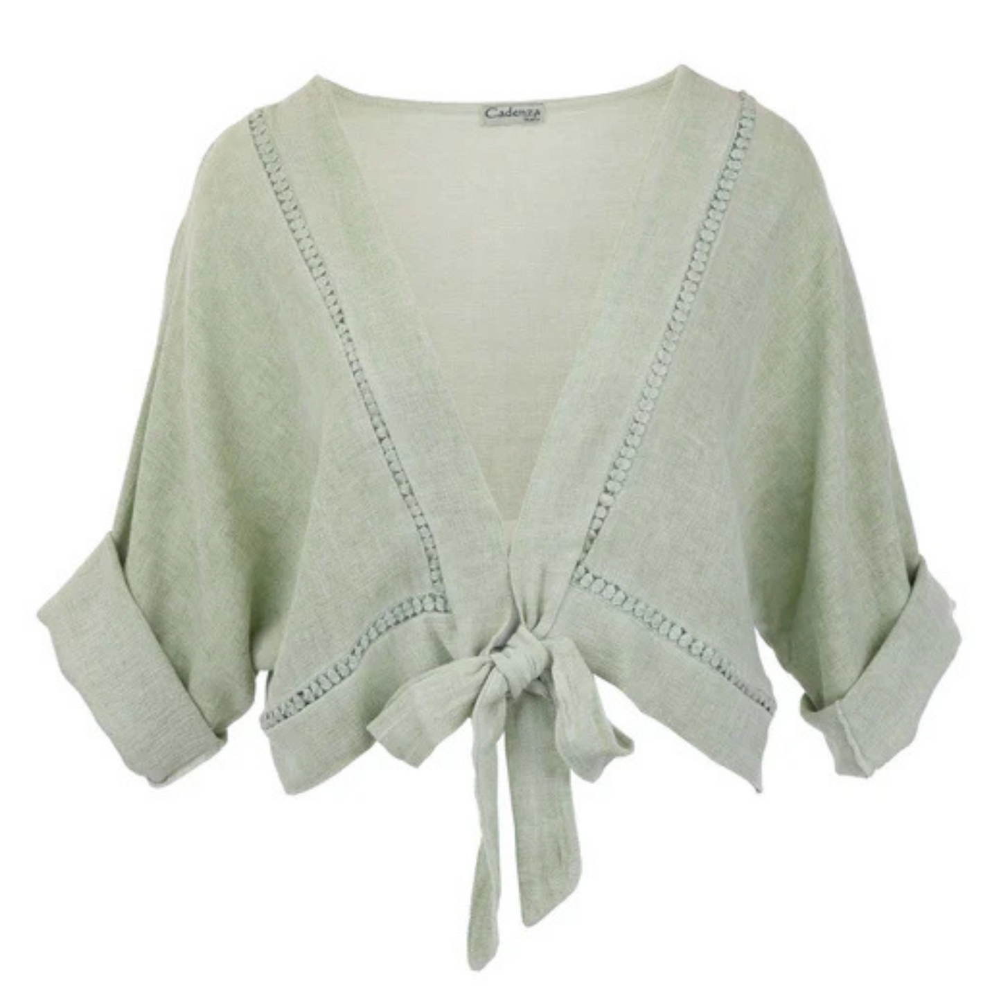 Cadenza Italy Linen and Cotton Blend Tie Front Jacket - Avocado