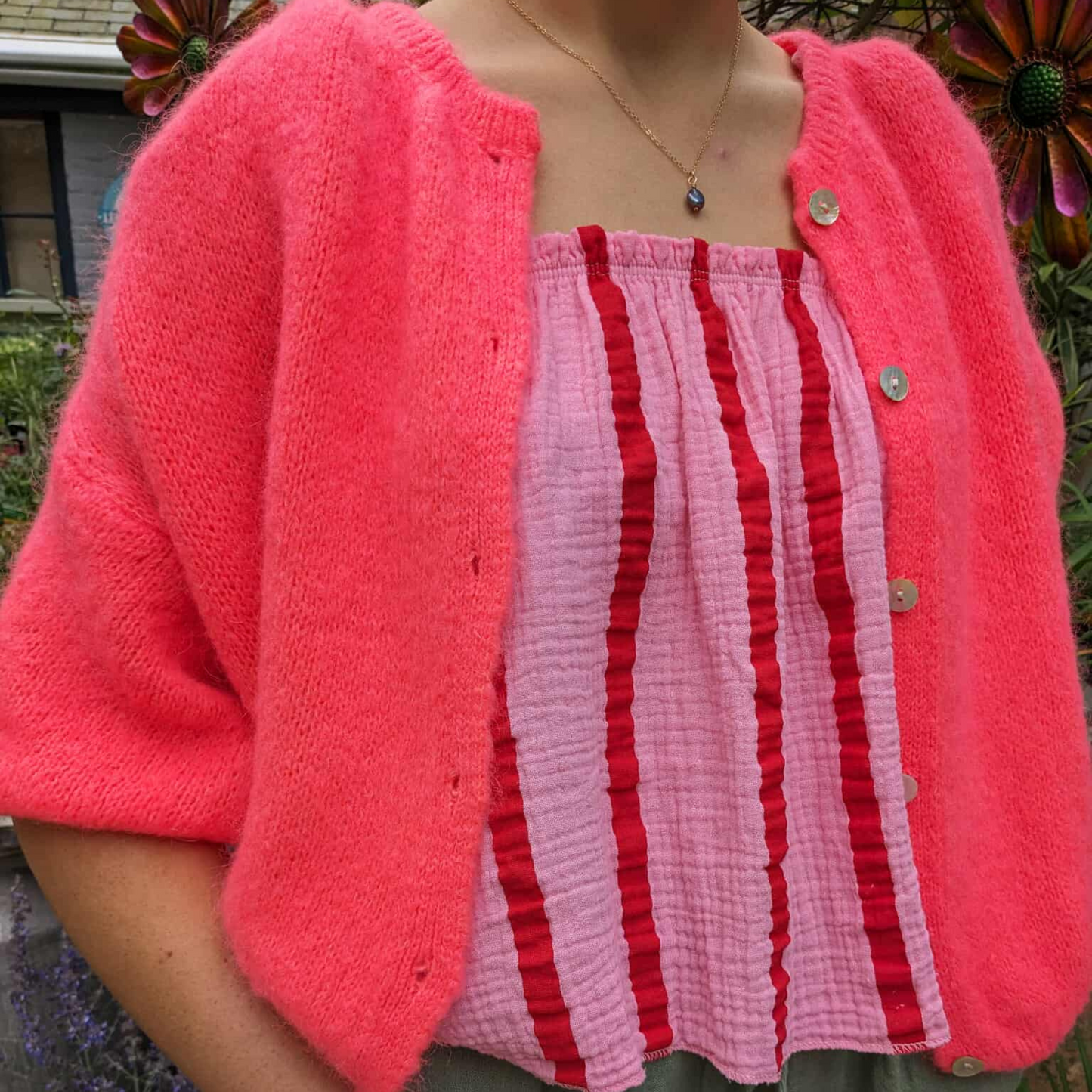 Mohair Blend Cropped Sleeve Cardigan - Neon Coral