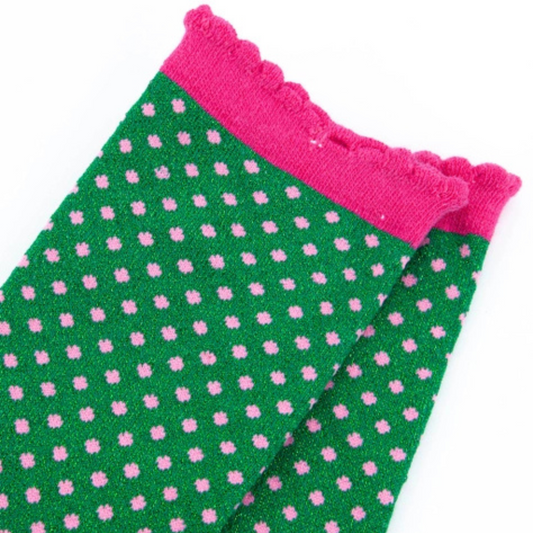 Glitter Socks - Green and Pink Polka Dots
