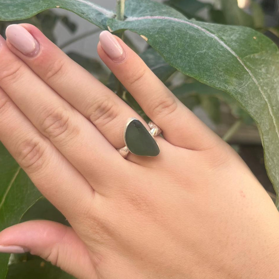 Fused Eco Silver Ring - Green Sea Glass