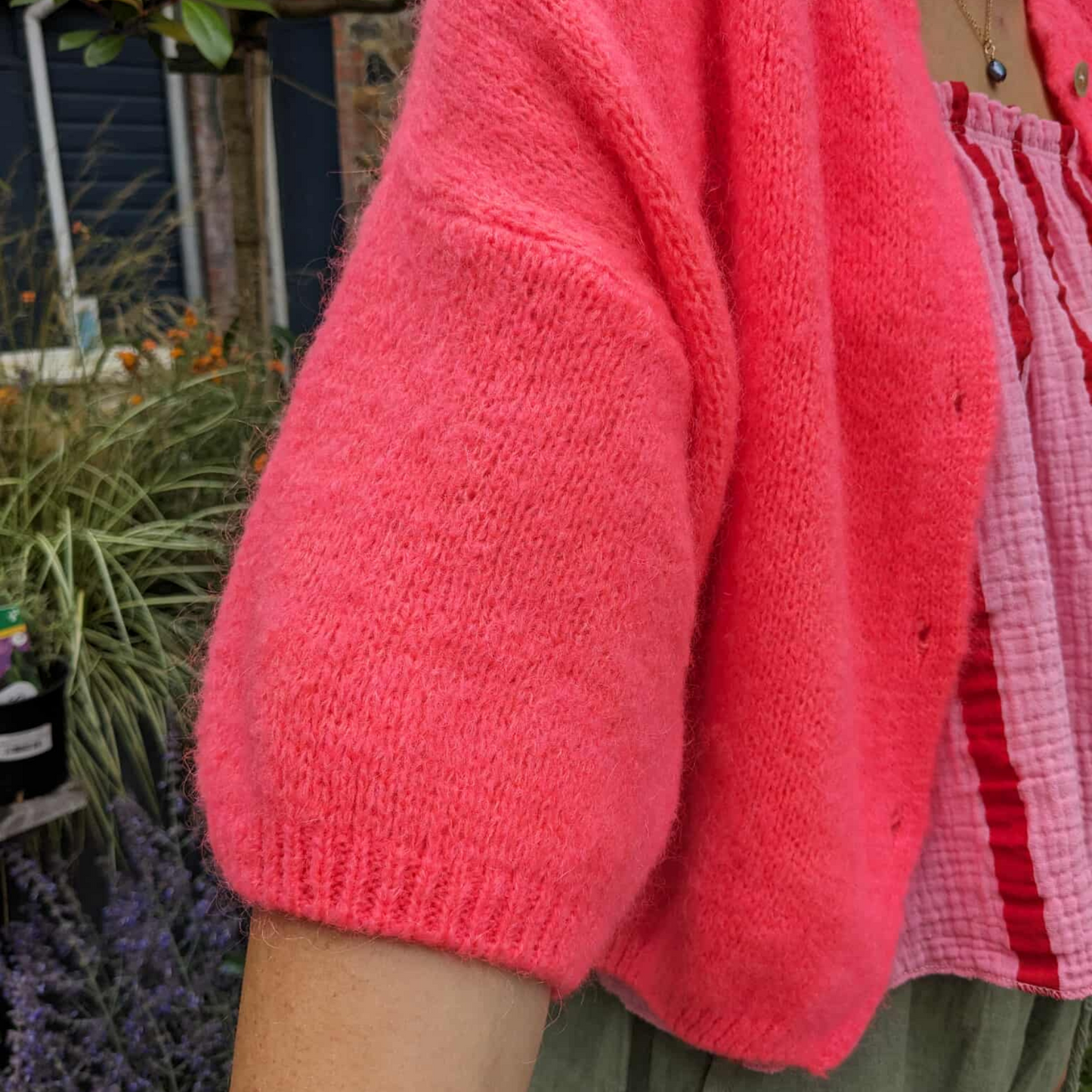 Mohair Blend Cropped Sleeve Cardigan - Neon Coral
