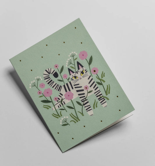 Mini Greetings Card - Pink Meadow Cat
