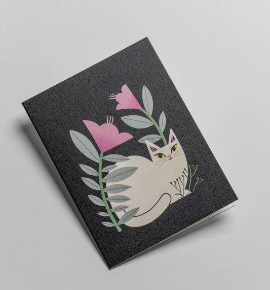 Mini Greetings Card - Nighttime Blooms Cat