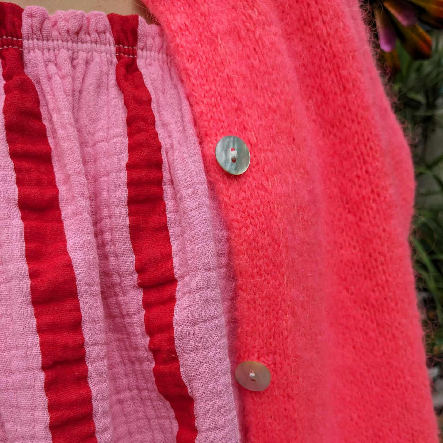 Mohair Blend Cropped Sleeve Cardigan - Neon Coral
