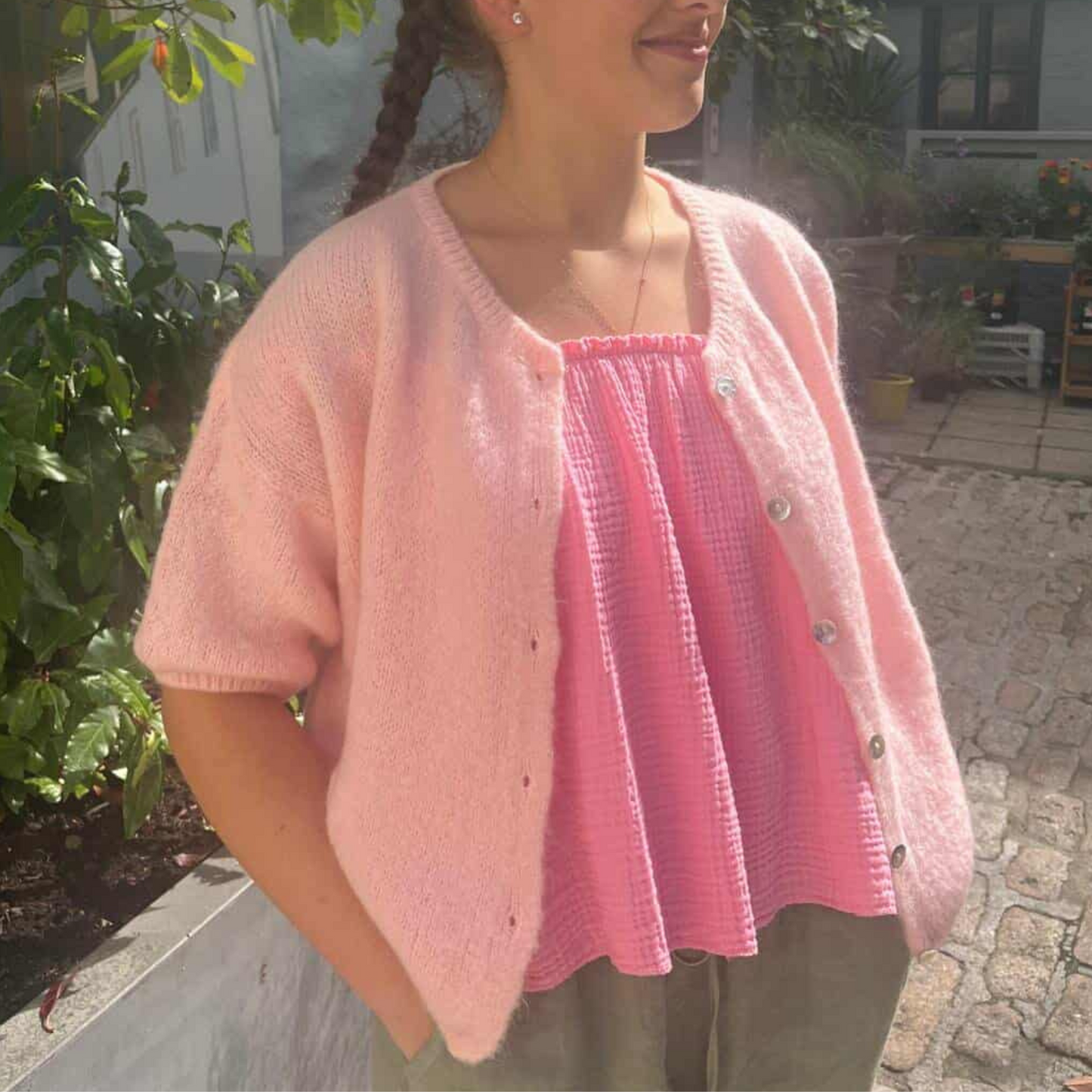 Mohair Blend Cropped Sleeve Cardigan - Soft Pink
