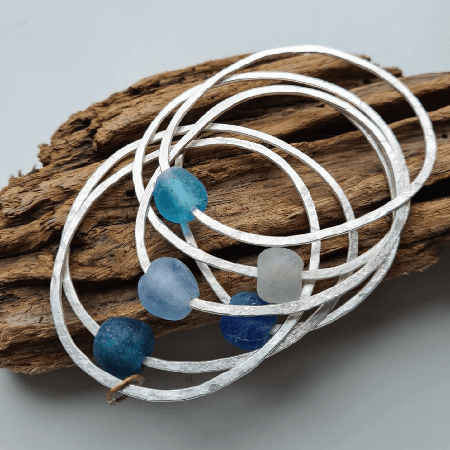Silver Bangle - Light Blue Bottle Bead