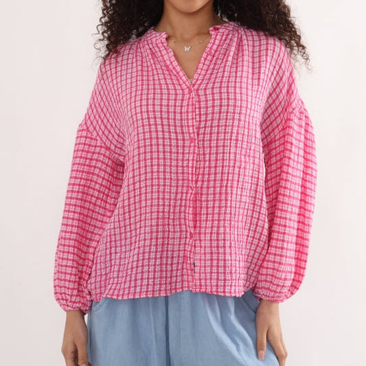 Balloon Sleeve Blouse - Fuchsia Gingham