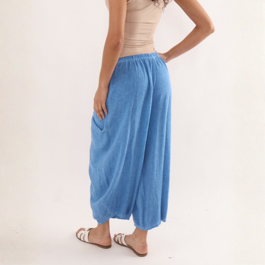 Linen Blend Patch Pocket Trousers - Cornflower Blue