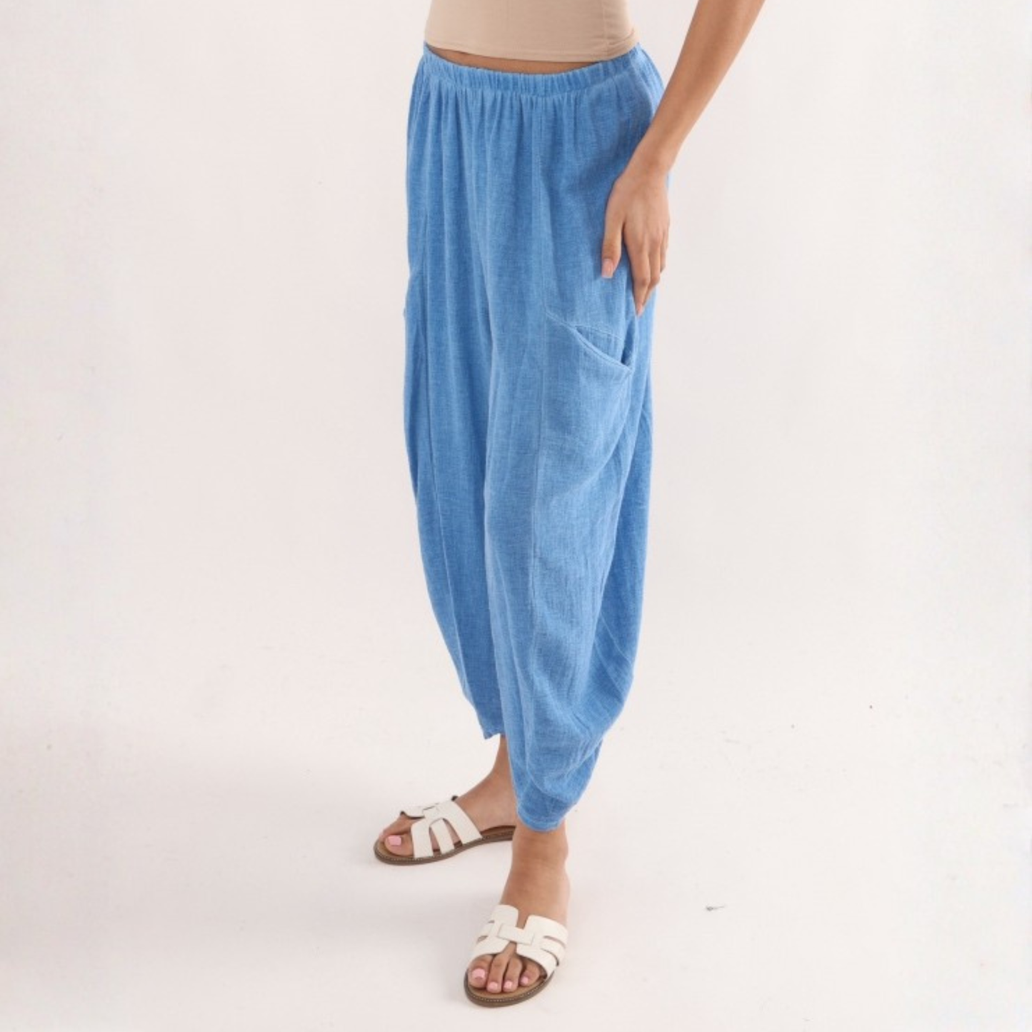 Linen Blend Patch Pocket Trousers - Cornflower Blue
