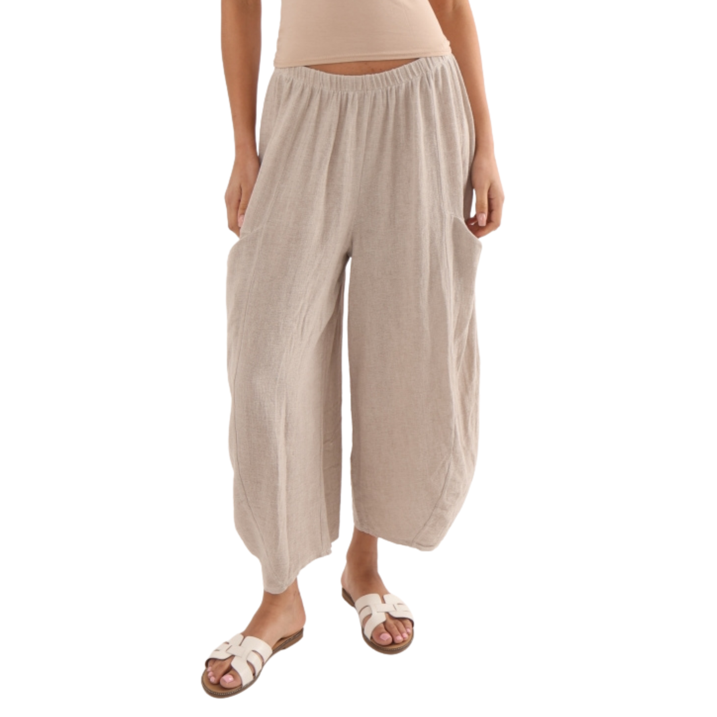 Linen Blend Patch Pocket Trousers - Stone