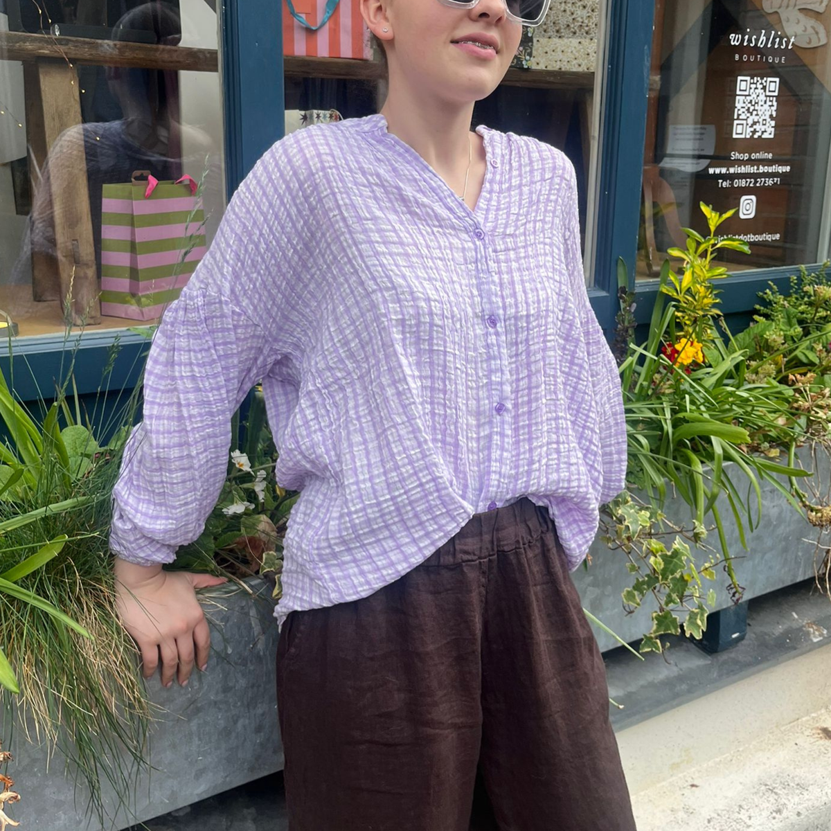 Balloon Sleeve Blouse - Lilac Gingham