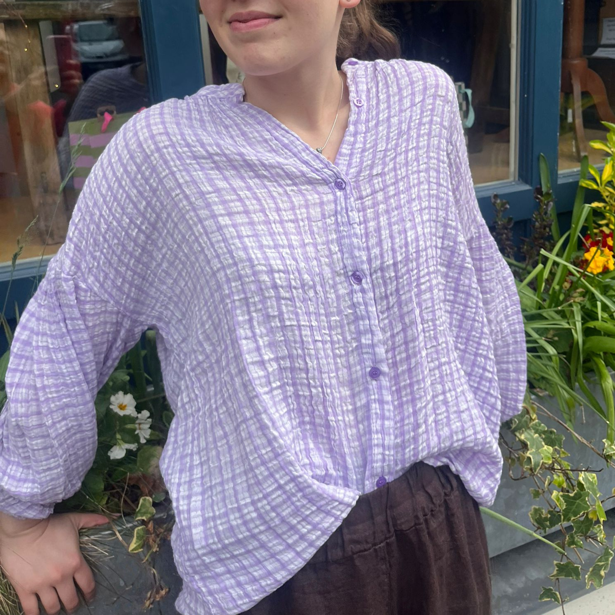 Balloon Sleeve Blouse - Lilac Gingham