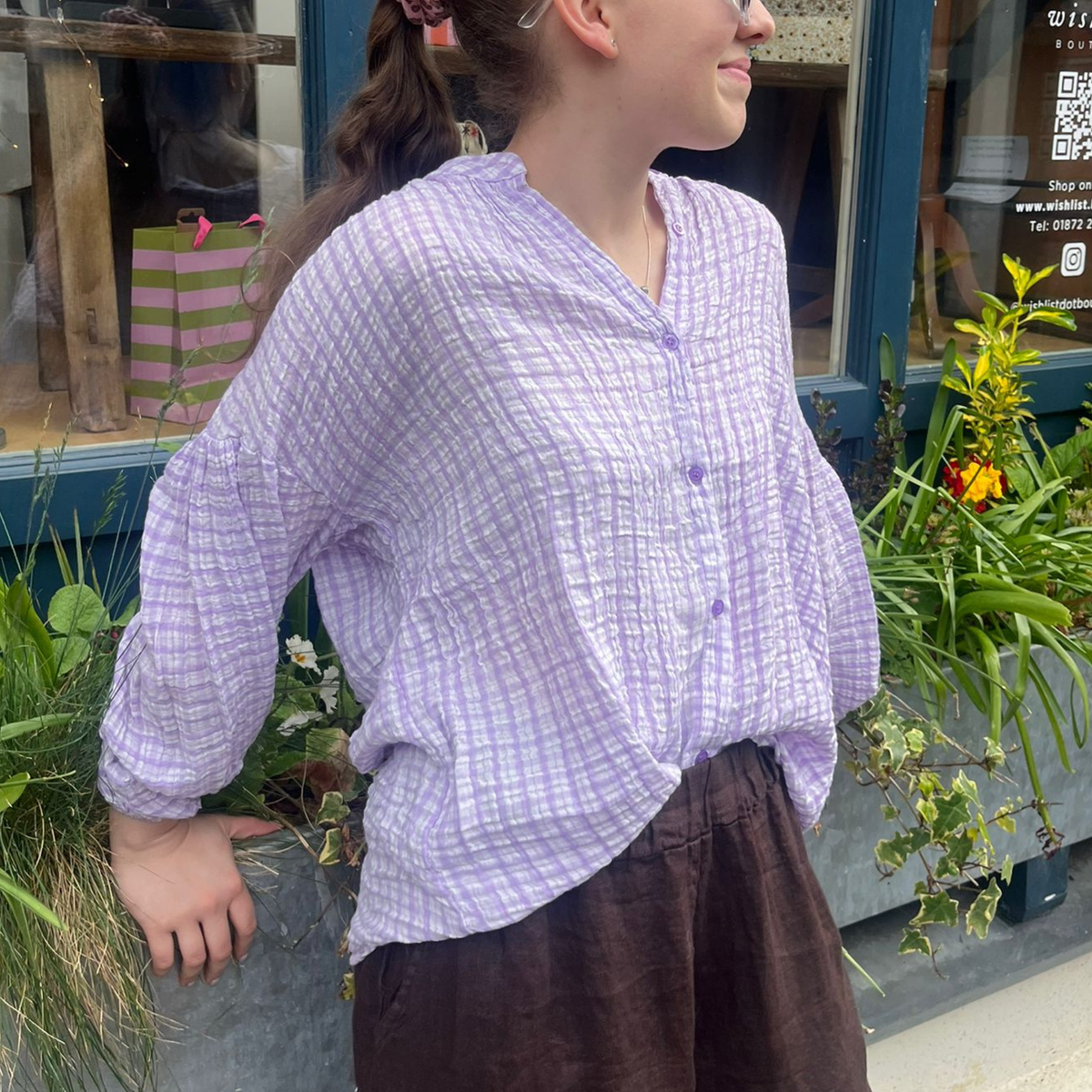 Balloon Sleeve Blouse - Lilac Gingham