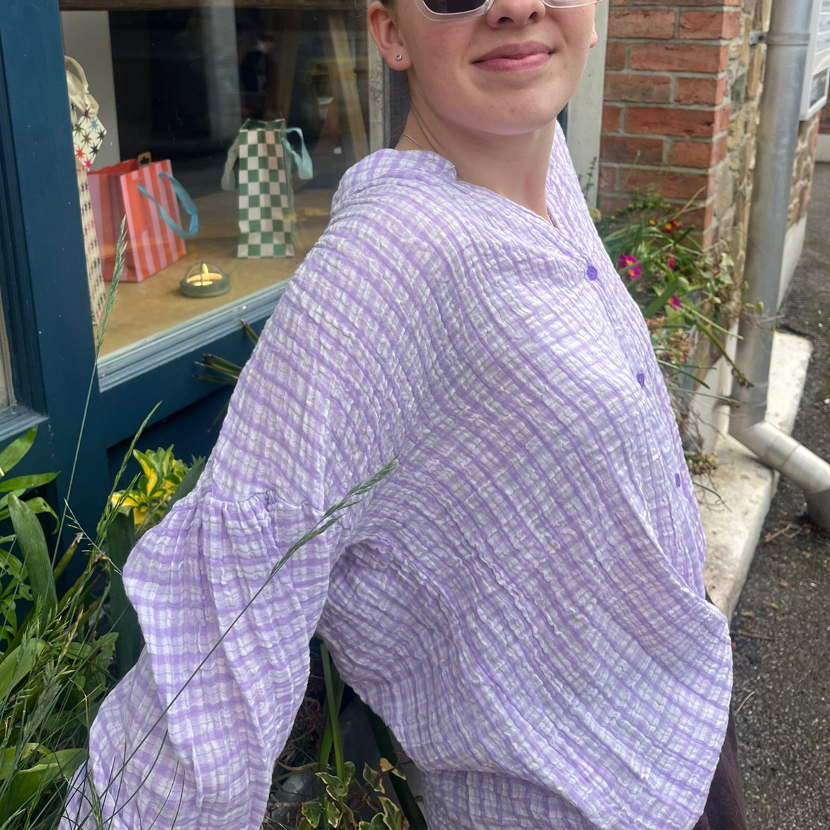 Balloon Sleeve Blouse - Lilac Gingham