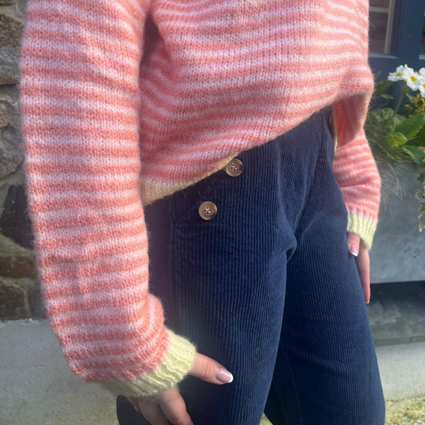 Button Detail Corduroy Trousers - Navy