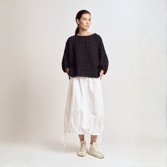 Check Print Cotton Blouse - Black