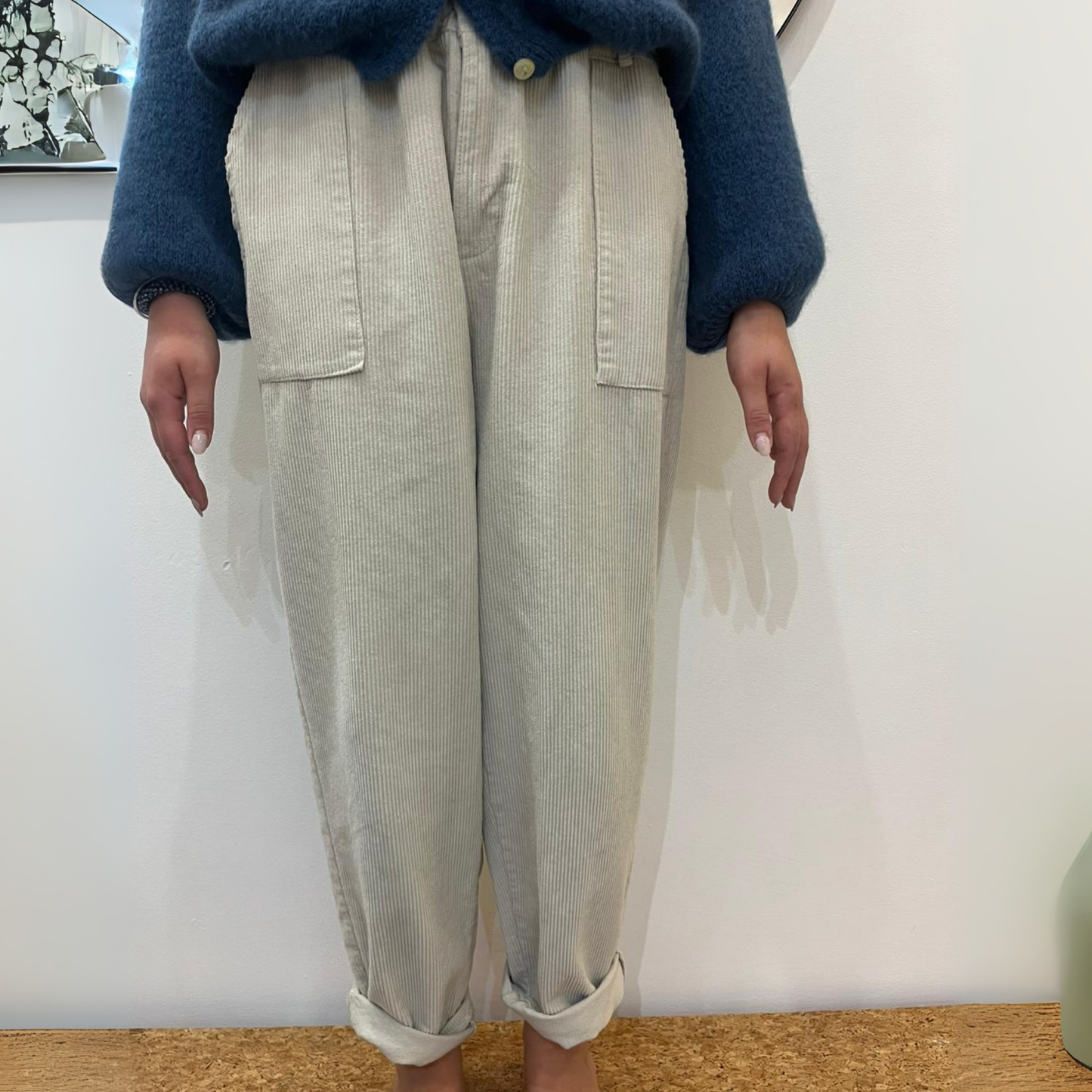 Corduroy Trousers with Button - Beige