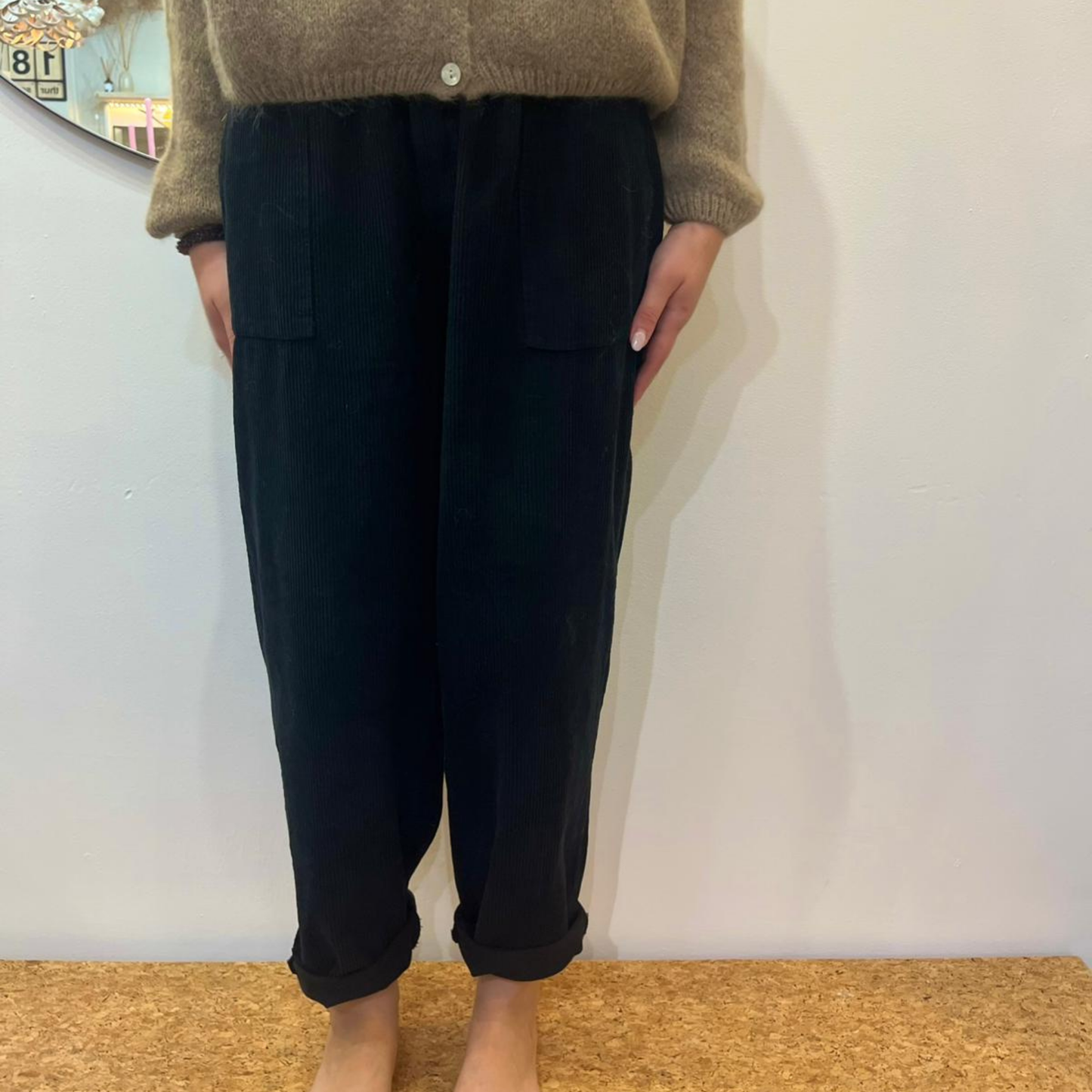 Corduroy Trousers with Button - Black