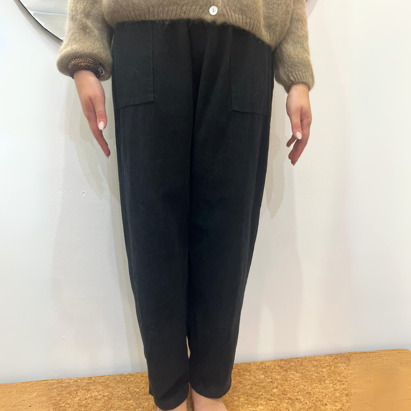 Corduroy Trousers with Button - Black