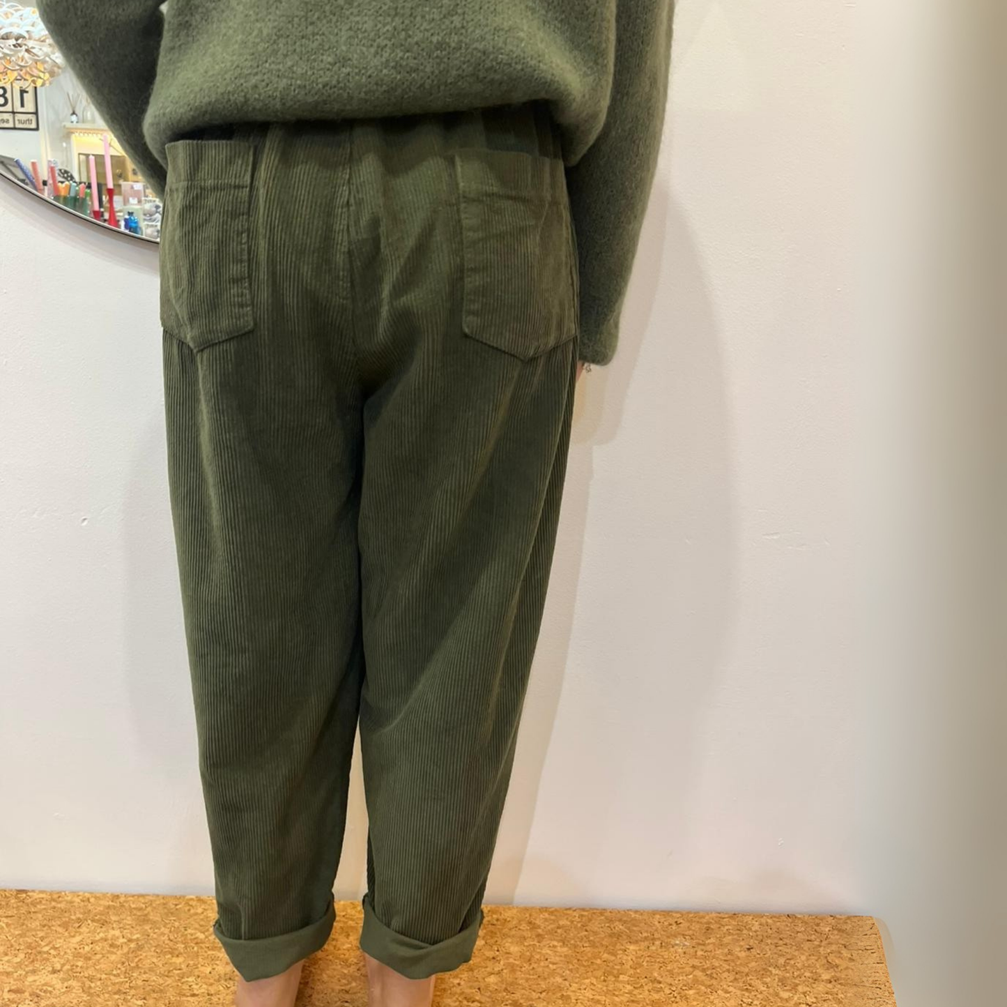 Corduroy Trousers with Button - Khaki Green